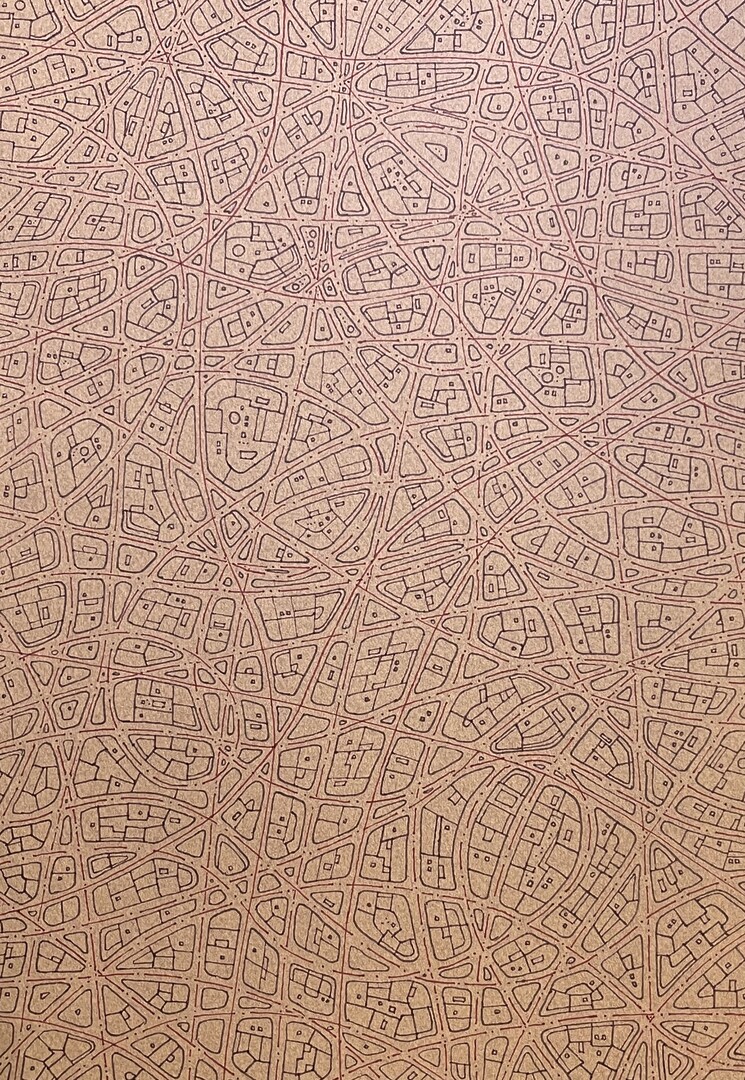 Artwork of a fictional cityscape combining landmarks from cities like Paris, Bangkok, New York, and more, interconnected on colored A4 Canson papers.