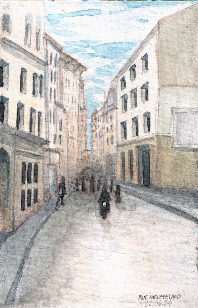 Watercolor painting of a vibrant Sunday morning in Rue Mouffetard, Paris, showcasing pale buildings and a colorful sky.