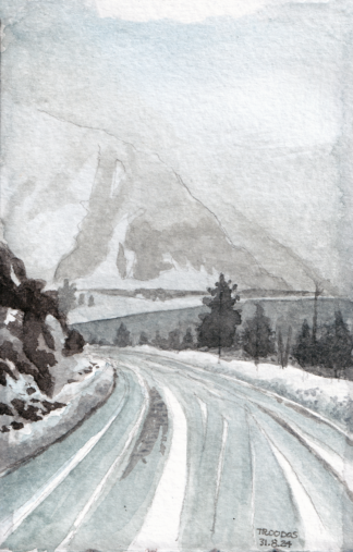 A watercolor painting of Snowy Troodos Mountains, Cyprus
