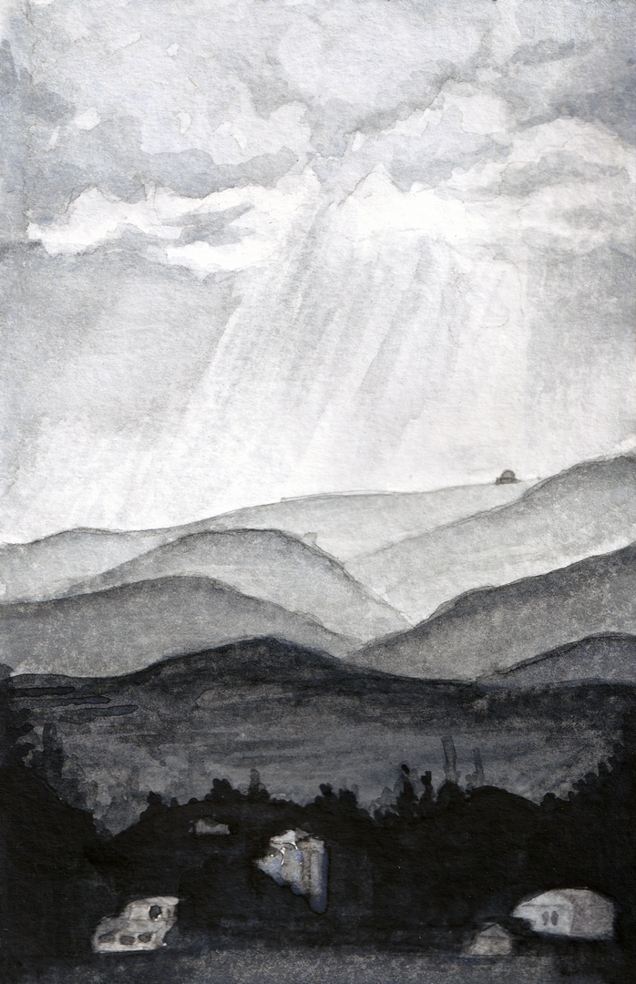 Watercolor painting of the Troodos mountains in late afternoon after a storm, with sunlight breaking through the clouds and illuminating the mountain top while the surroundings remain dark.