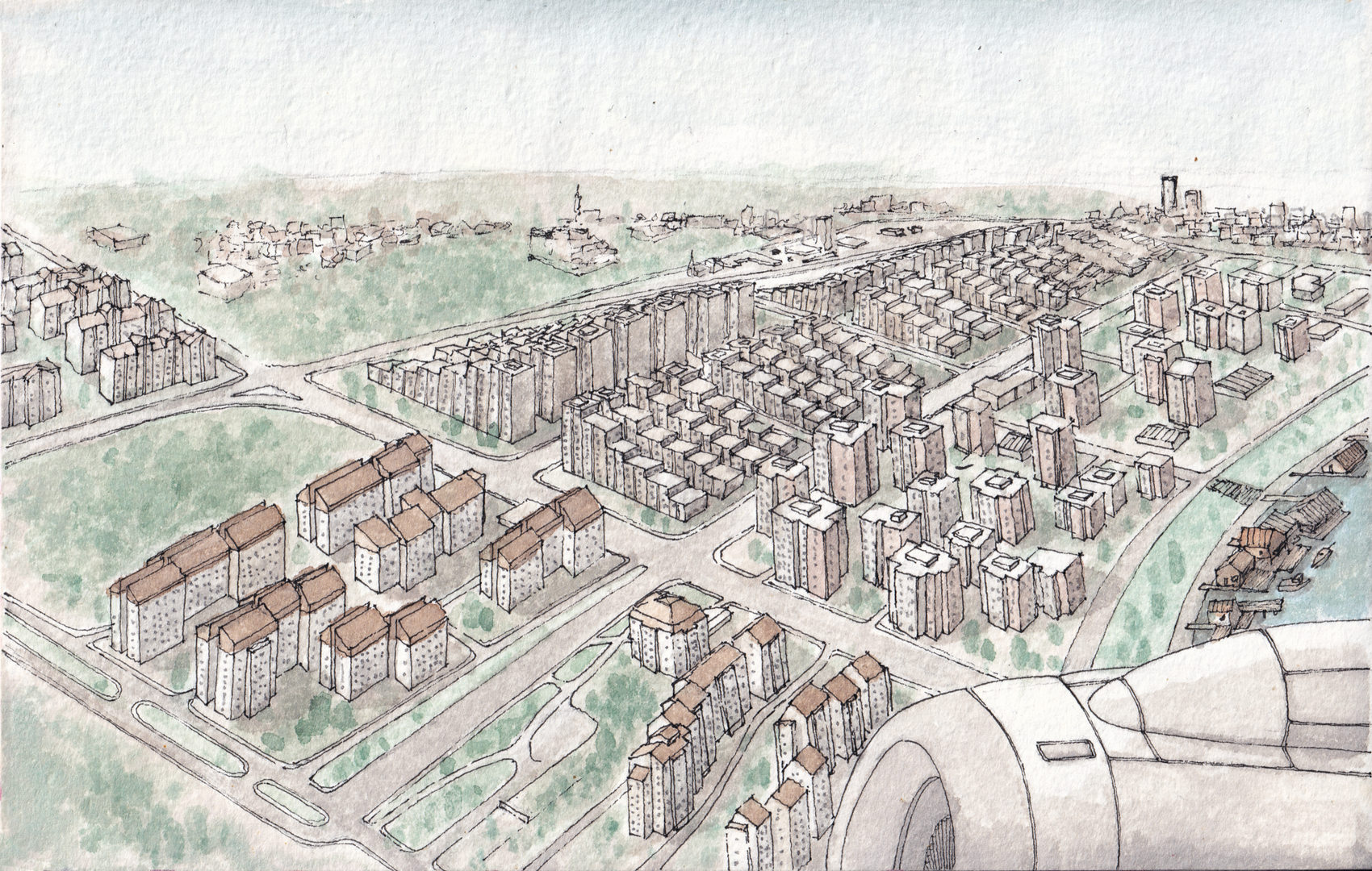 Watercolor painting of an airplane view approaching Belgrade, showcasing iconic brutalist buildings of Novi Beograd below.