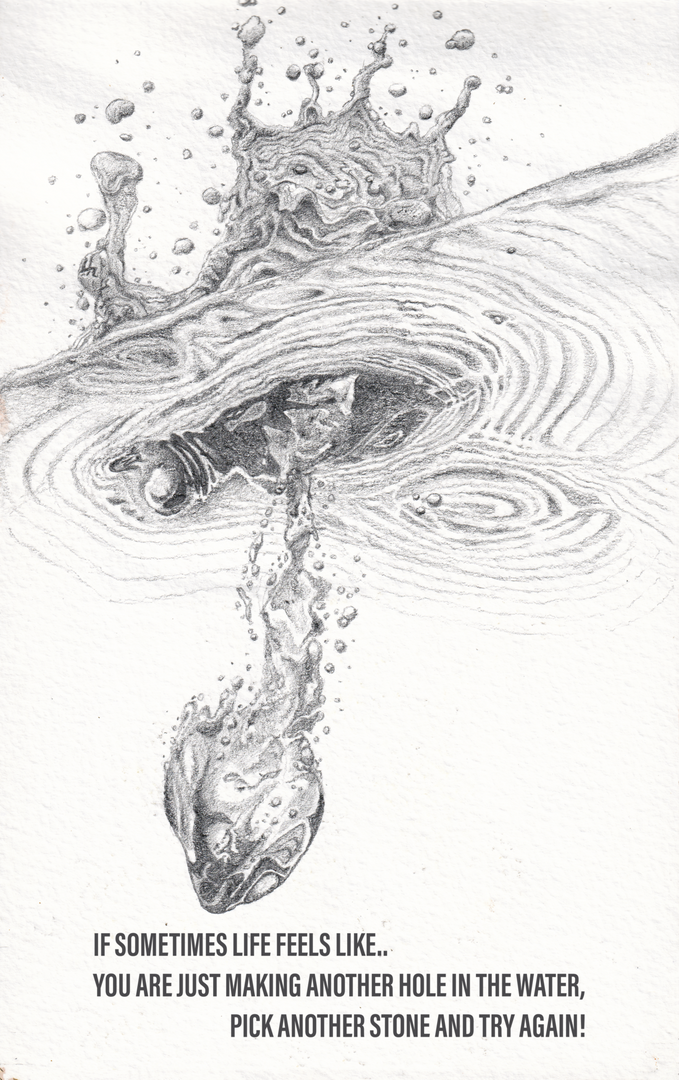 Motivational poster featuring a stone creating ripples in water, seen from below, with inspirational text.