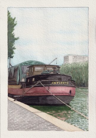 Watercolor painting of L'Antipode ship on Canal de l'Ourcq in Paris with park, water, and buildings in the background