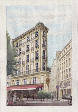 A watercolor painting of Le Buci cafe in Paris