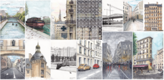 Collage of watercolor studies capturing moments of Parisian life from a trip to Paris.