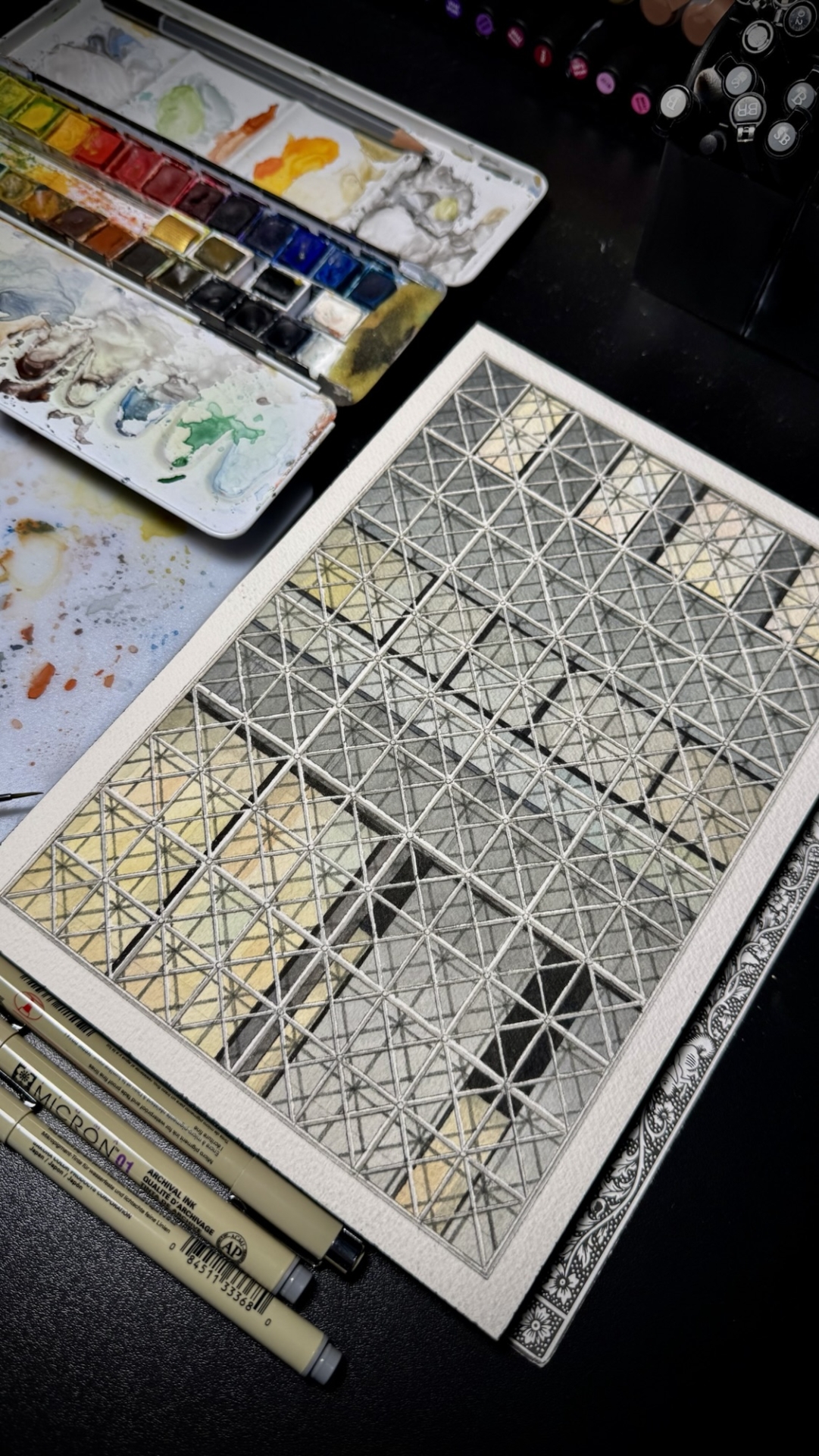 highly detailed drawing of a grid facade, showcasing intricate architectural elements with precise lines and shadows. The composition emphasizes the rhythm and geometry of the structure, capturing the interplay of light and dark