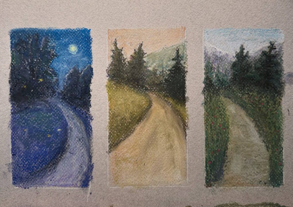 Three Soft Pastel drawings of similar landscapes during different times of the day. Morning, late afternoon and evening lighting study