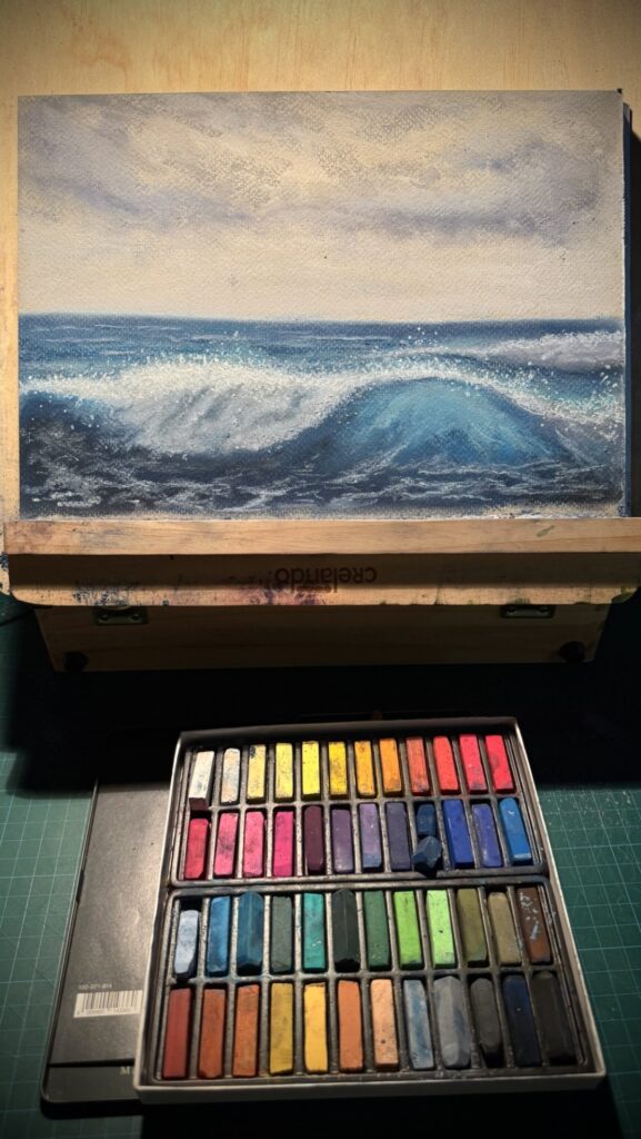 A soft pastel painting of the sea and a big wave crashing on the shore