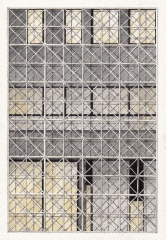 Watercolor painting of the grid structure in front of the Science Museum of Parc de la Villette in Paris, showcasing a white grid against a dark, colored facade.