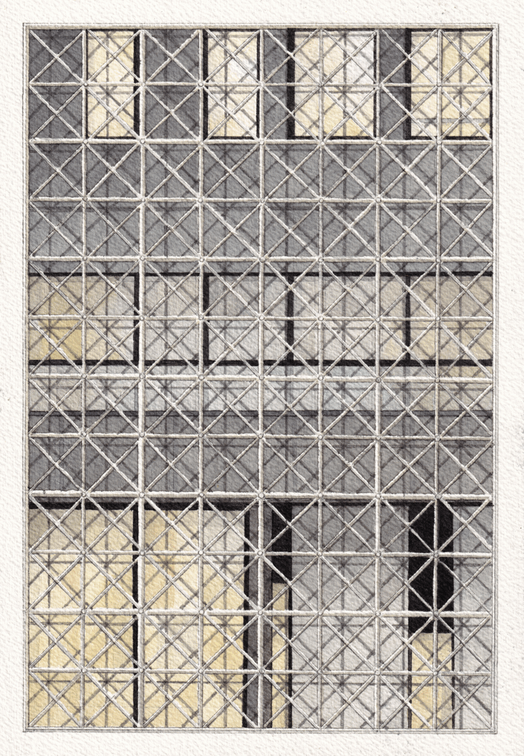 Watercolor painting of the grid structure in front of the Science Museum of Parc de la Villette in Paris, showcasing a white grid against a dark, colored facade.