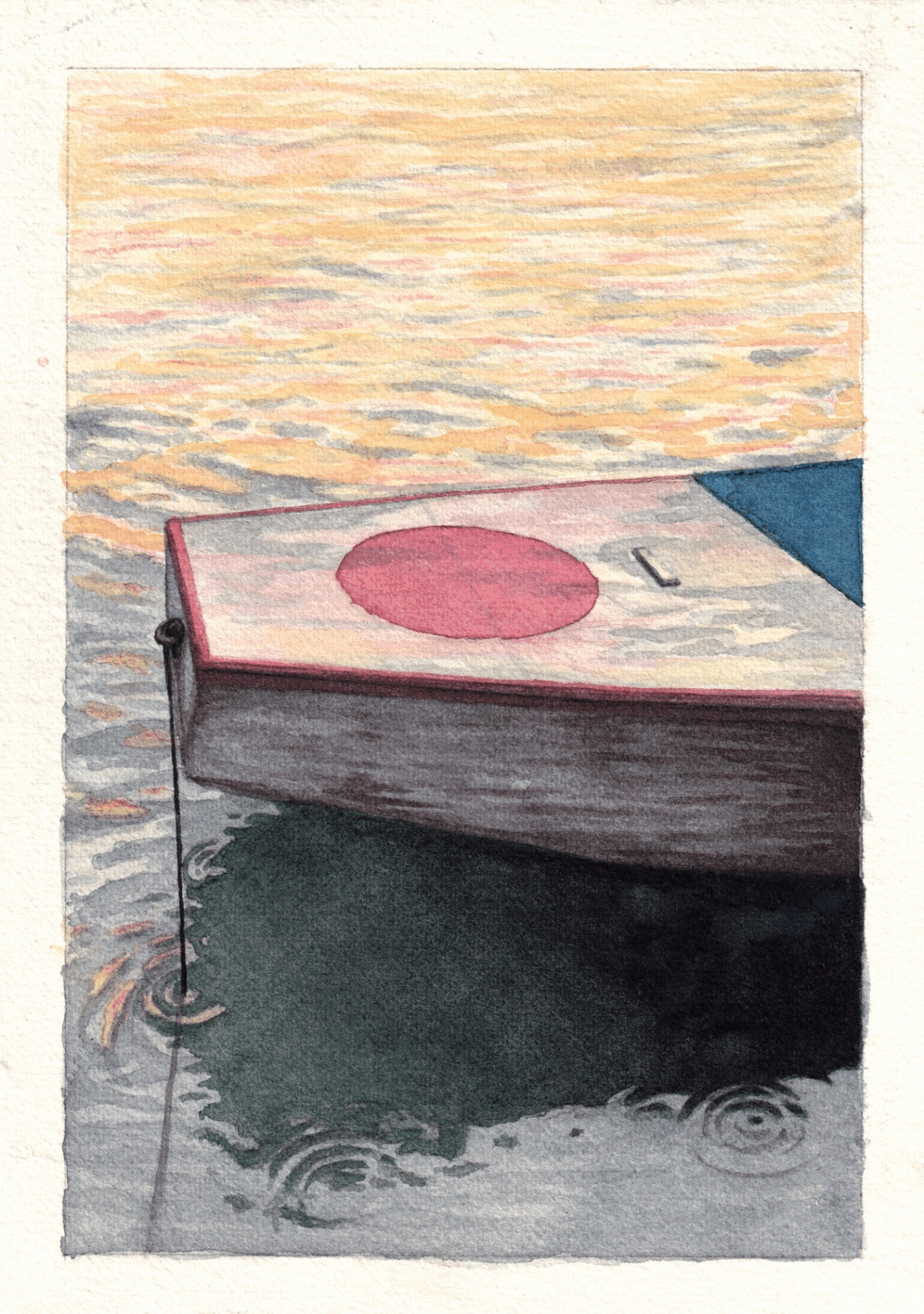 A commissioned watercolor study of the bow of Jaram, a boat moored on the Danube River, captured during the golden hour. The painting isolates a quiet, minimal composition where the glowing reflection of the sunset meets the deep, rippling shadows beneath the boat. The red circle painted on the vessel adds a symbolic and graphical element, contrasting the subdued warmth of the scene.