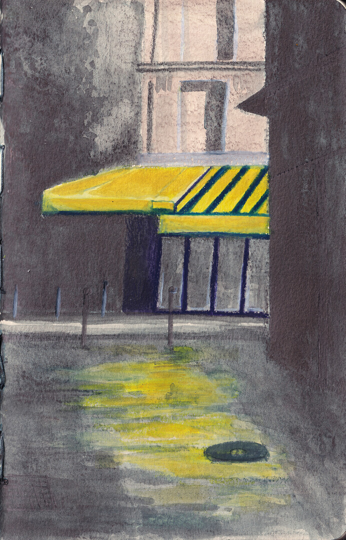 A water soluble graphite painting of a Cafe in Paris, painted with Caran d'Ache Grafcube RGB