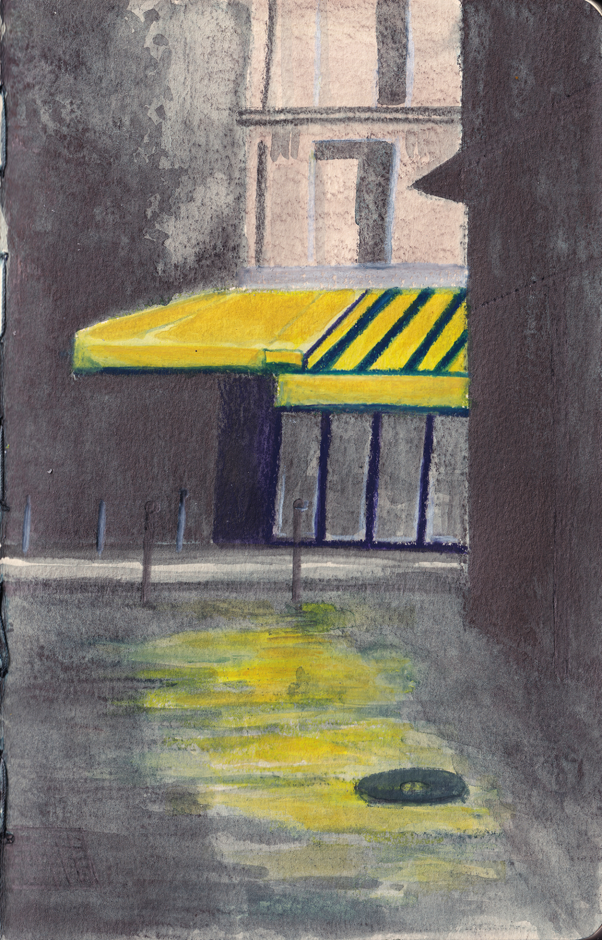 A water soluble graphite painting of a Cafe in Paris, painted with Caran d'Ache Grafcube RGB