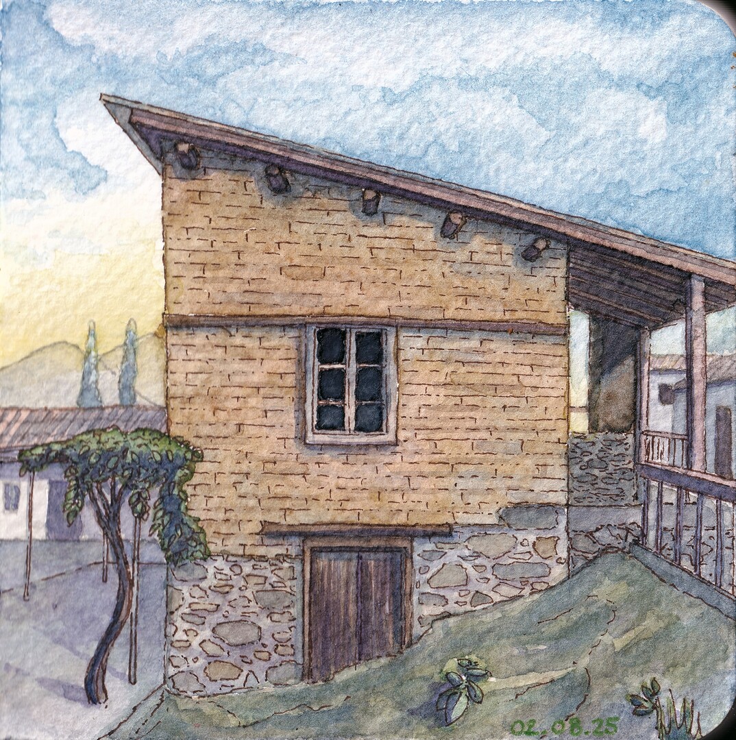 A watercolor painting of a house on a hill, in Galata, Cyprus
