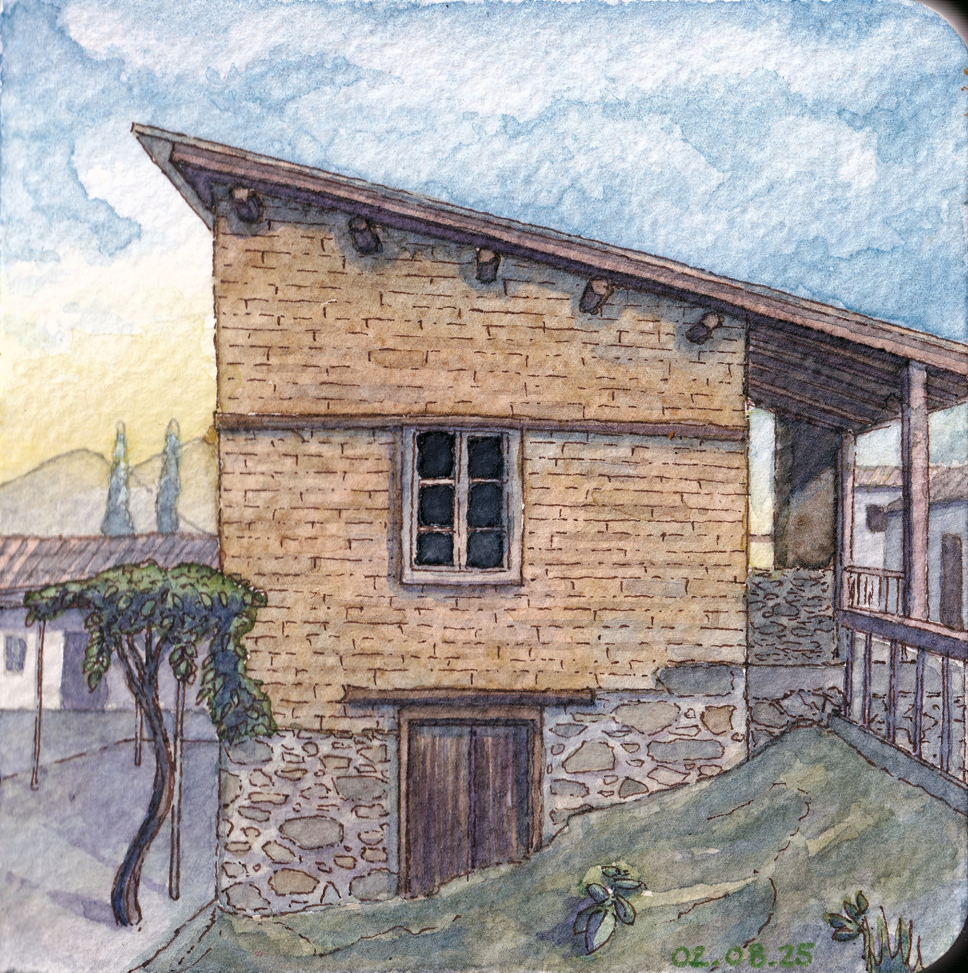 A watercolor painting of a house on a hill, in Galata, Cyprus