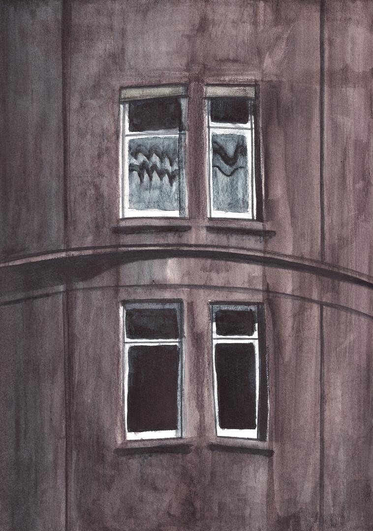 Water soluble graphite painting of a corner building and its' windows in Paris, painted with caran d'ache Grafcube RGB