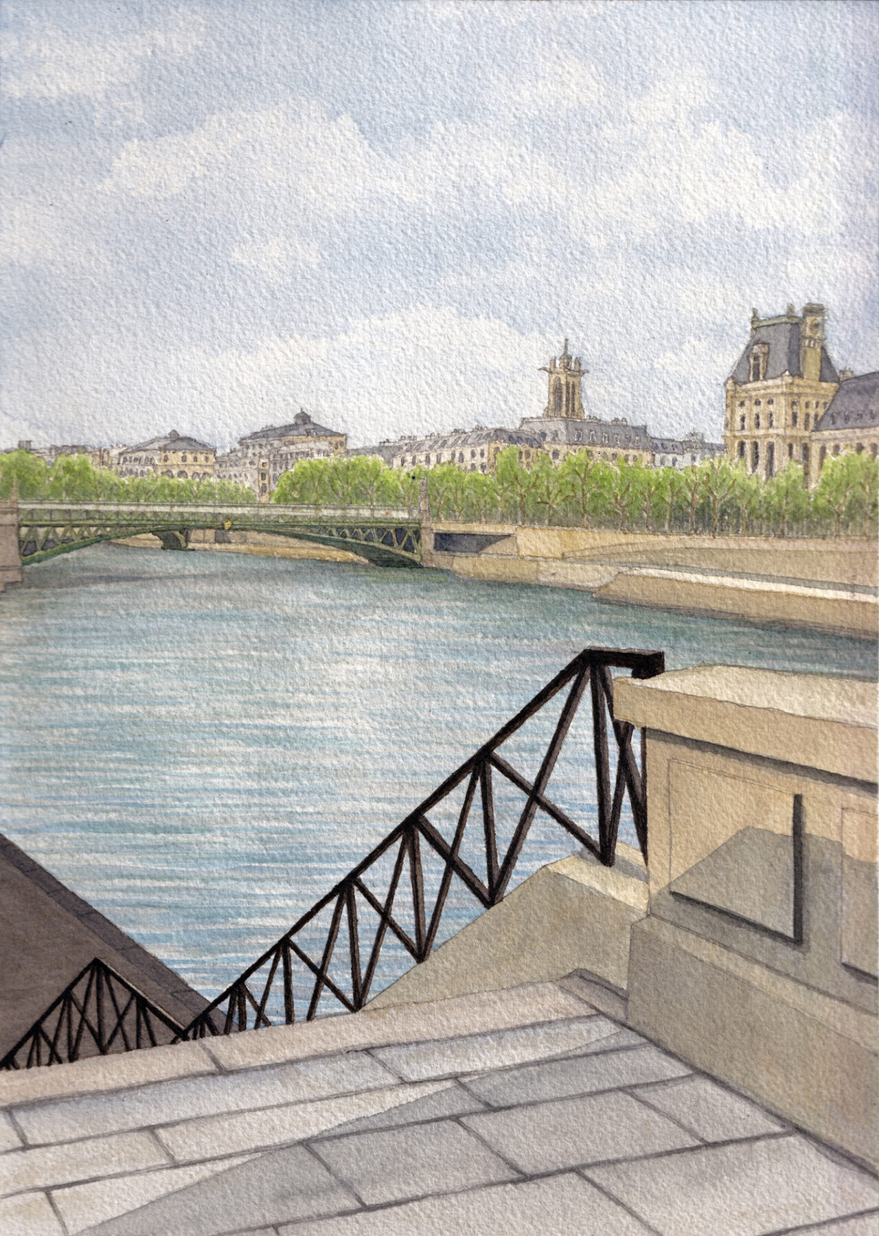 A watercolor painting of the Seine and Hotel de Ville in the background, Paris
