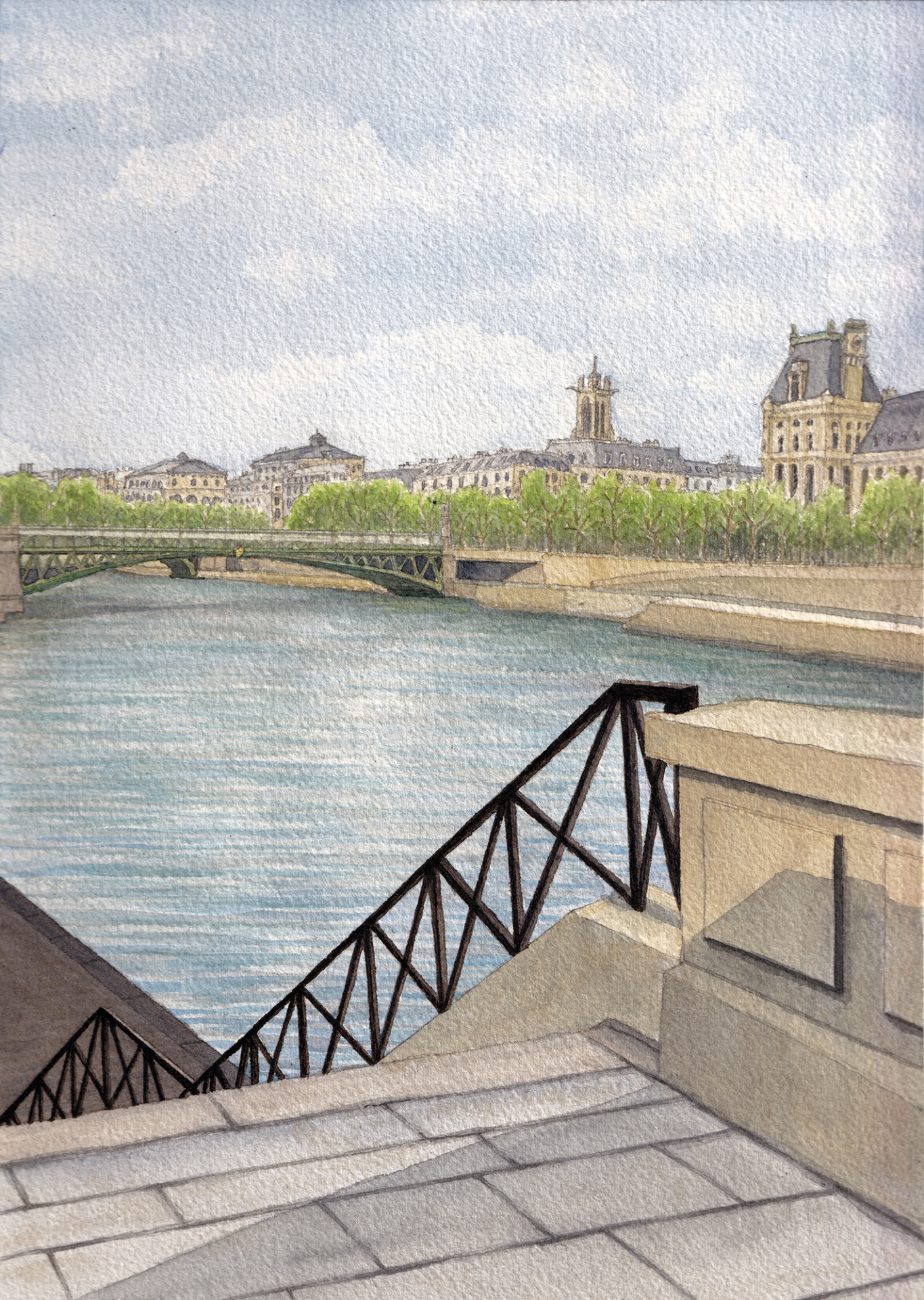 A watercolor painting of the Seine and Hotel de Ville in the background, Paris