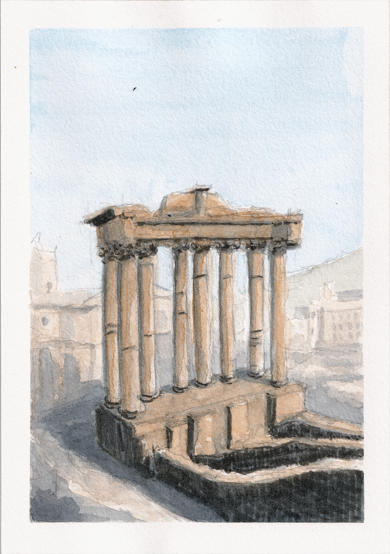 A watercolor painting of Roman ruins in Rome.