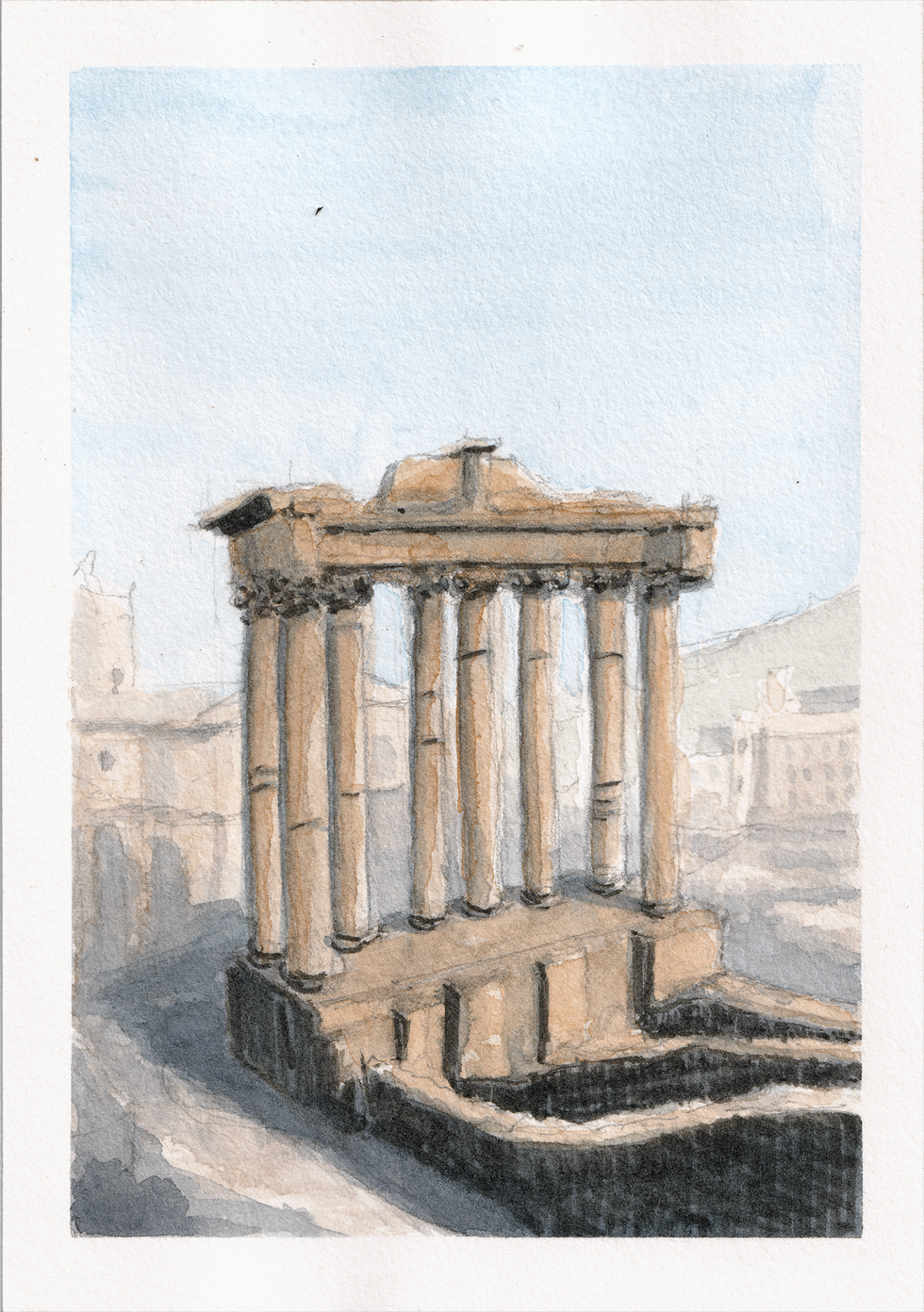 A watercolor painting of Roman ruins in Rome.