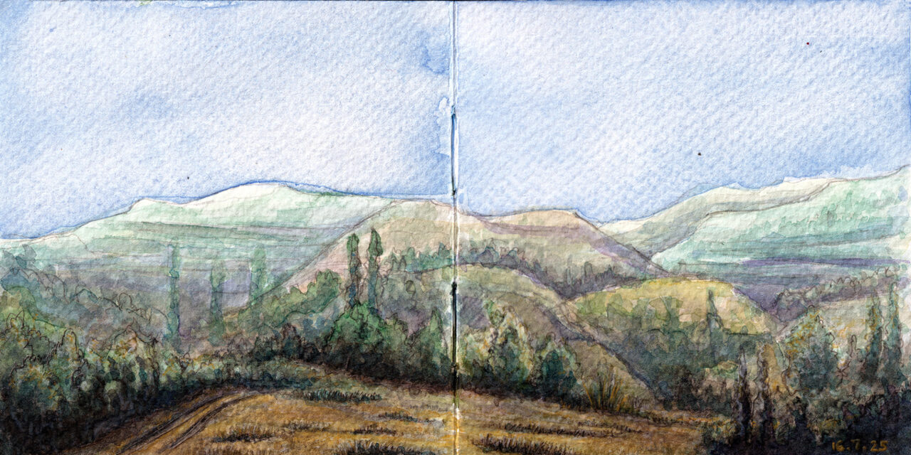 A watercolor painting of the hills across Lemona village in Cyprus