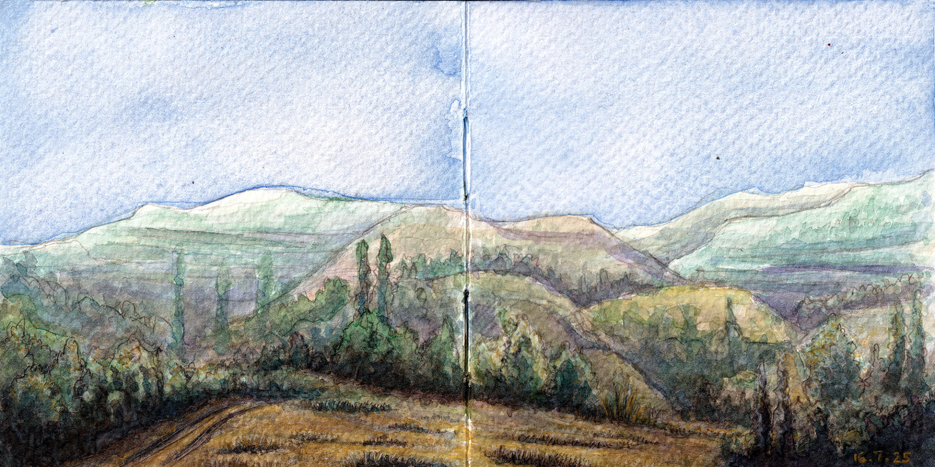 A watercolor painting of the hills across Lemona village in Cyprus