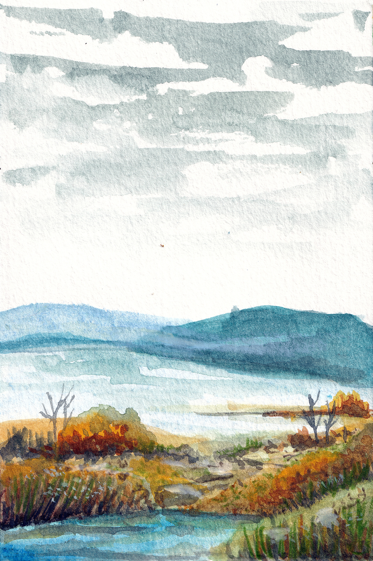 A water soluble pastels painting of an abstract lake. Painted with caran d'ache neocolor ii 2 pastels.