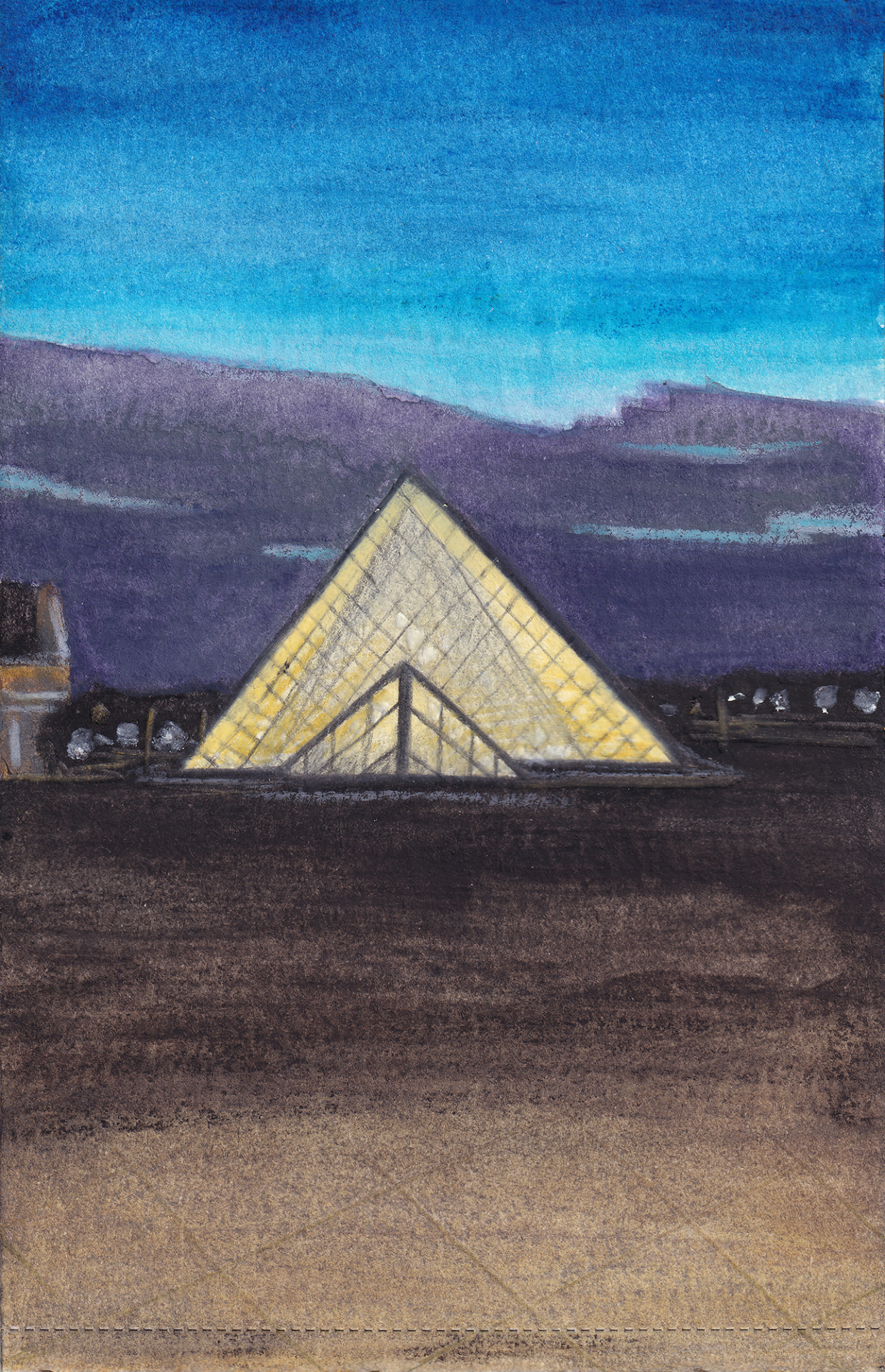 Water soluble pastel painting of Pyramide du Louvre at Night, Paris. Painted with caran d'ache neocolor ii 2