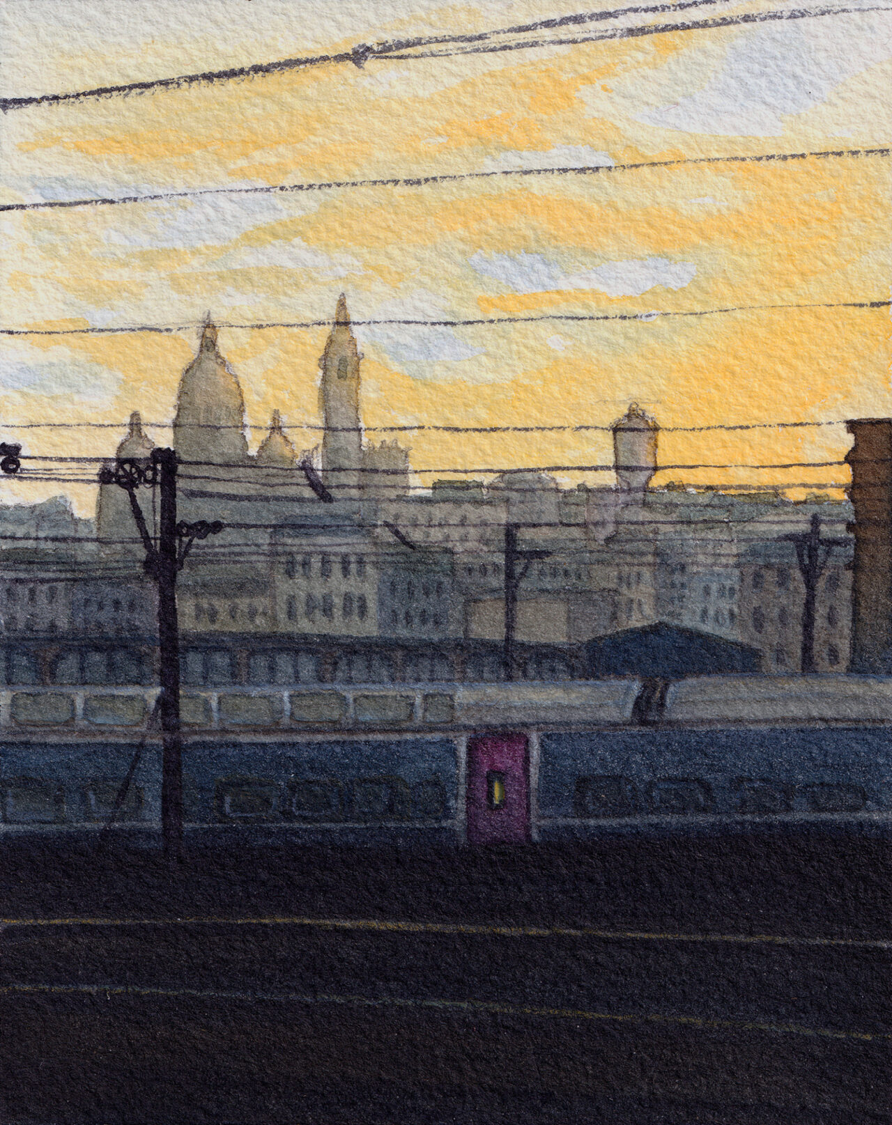 A watercolor painting of the Mont Martre as seen from the RER in Paris