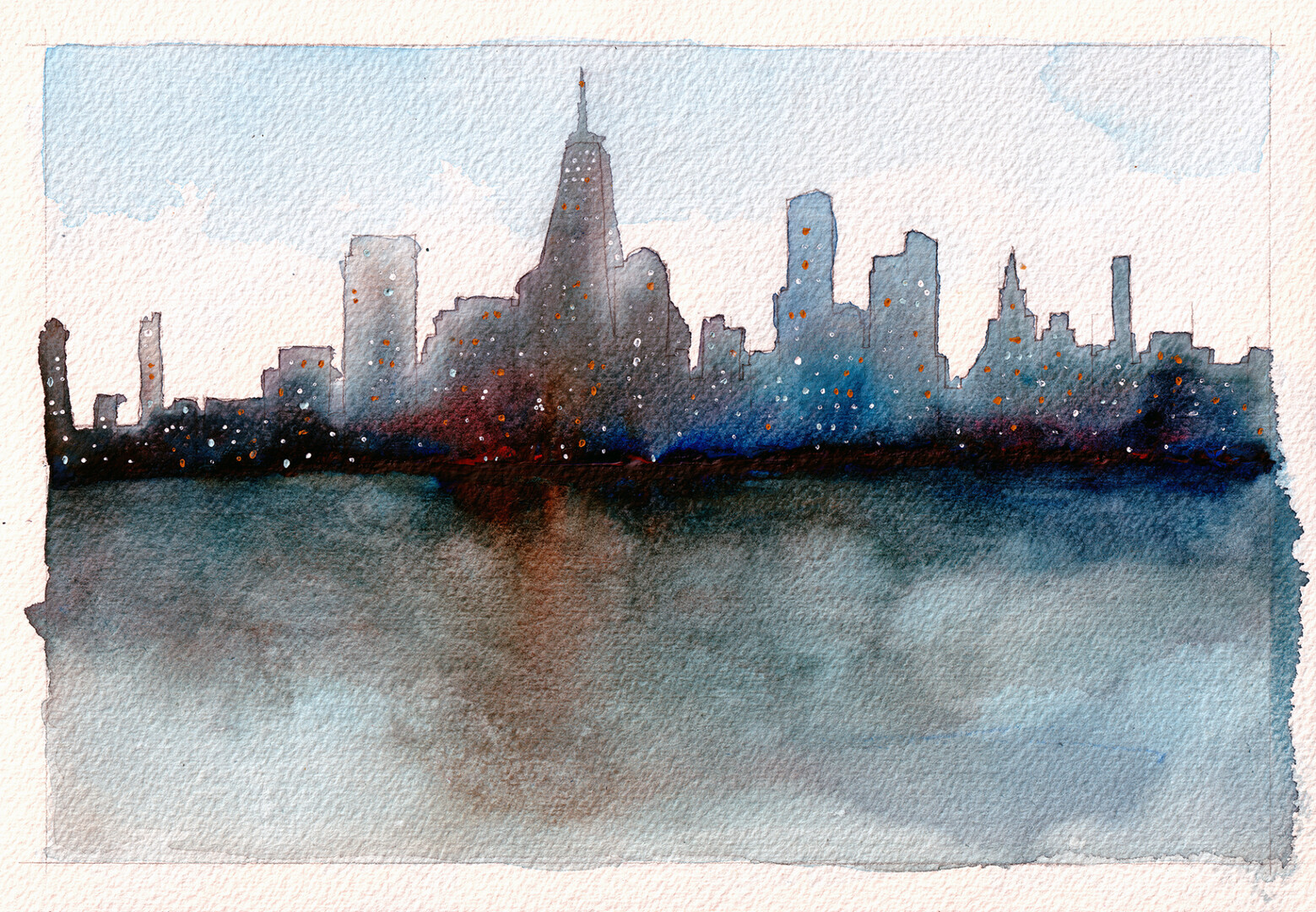 A loose watercolor painting of the New York Skyline