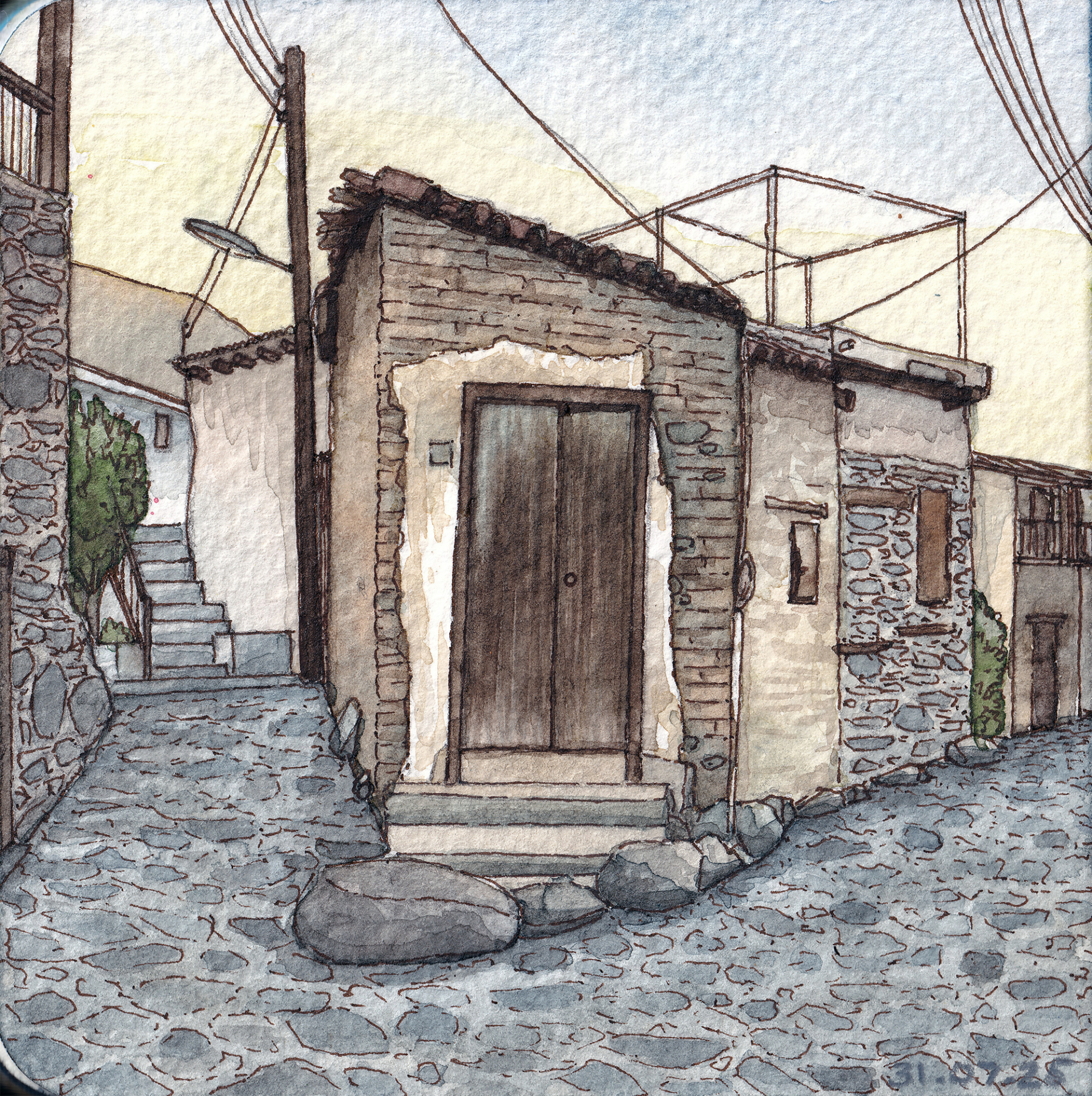 A watercolor painting of Old Kakopetria village in Cyprus