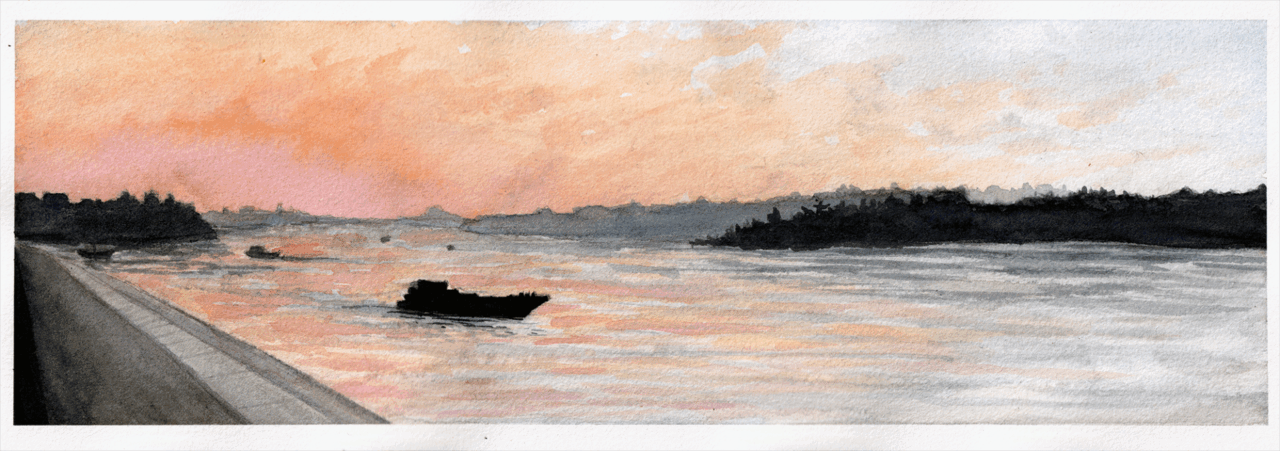 A watercolor painting of a Pink Danube Sunset, Belgrade