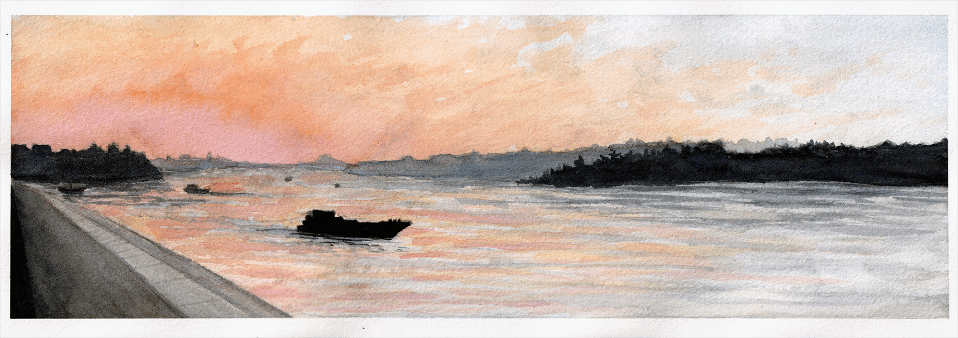 A watercolor painting of a Pink Danube Sunset, Belgrade