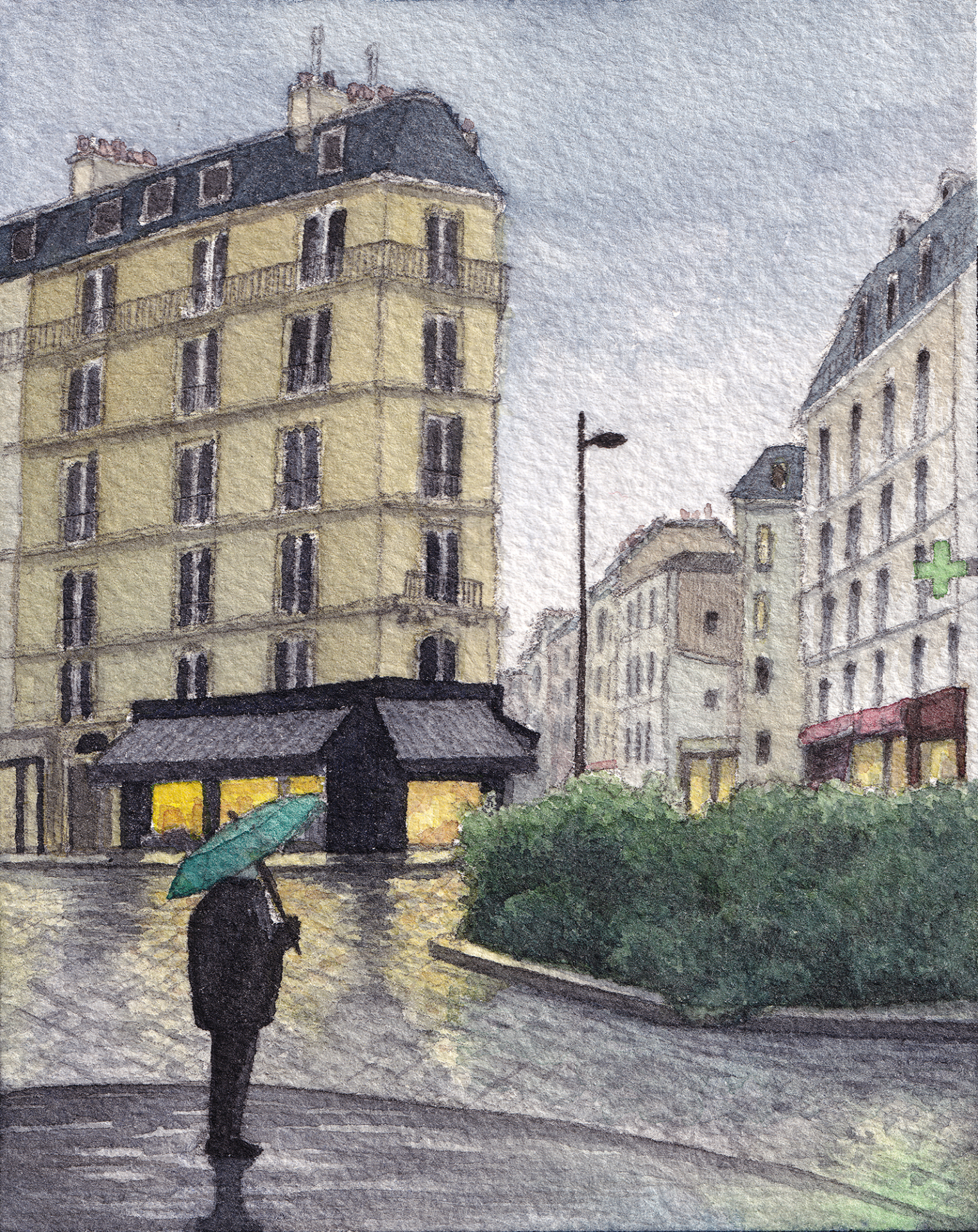 A watercolor painting of Place Saint Medard in Paris