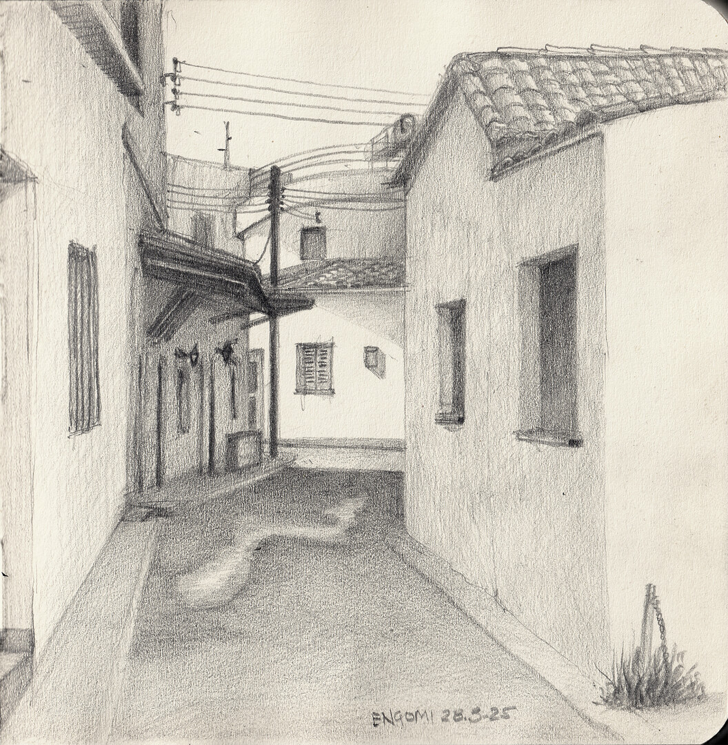 A mechanical pencil sketch of Plaka Tavern in Engomi, Nicosia. Drawn with rOtring 800