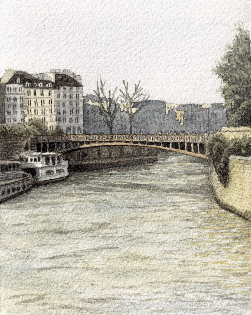 A watercolor painting of Pont au Double in Paris
