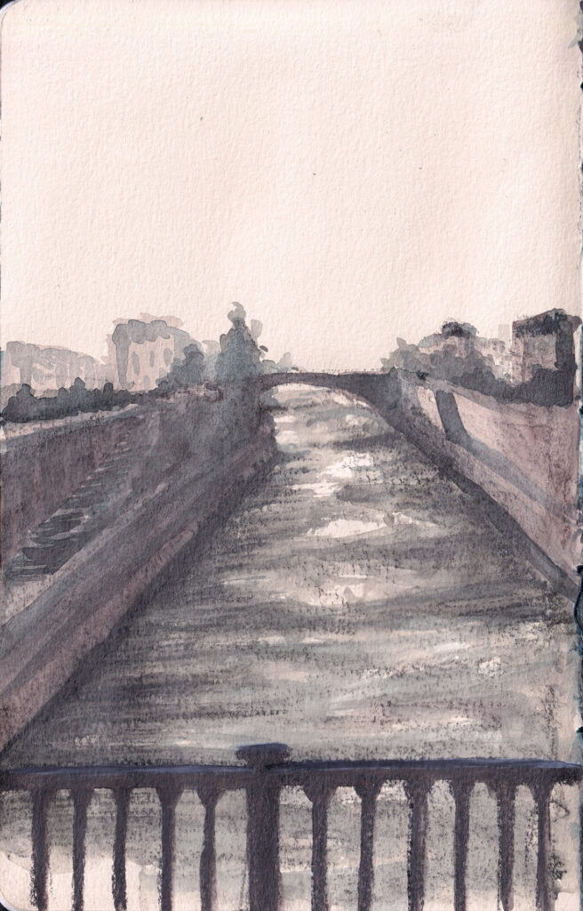 A water soluble graphite painting of a bridge in Paris