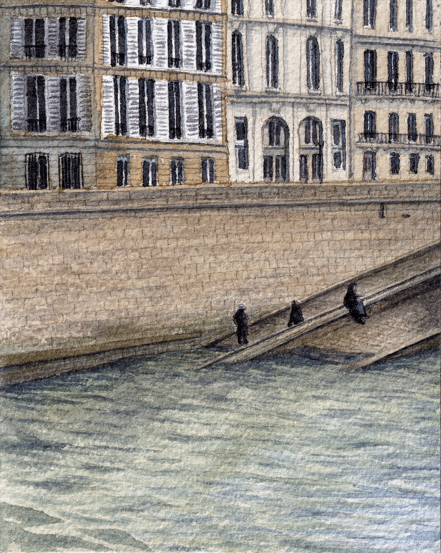 A watercolor painting of a parisian Quais