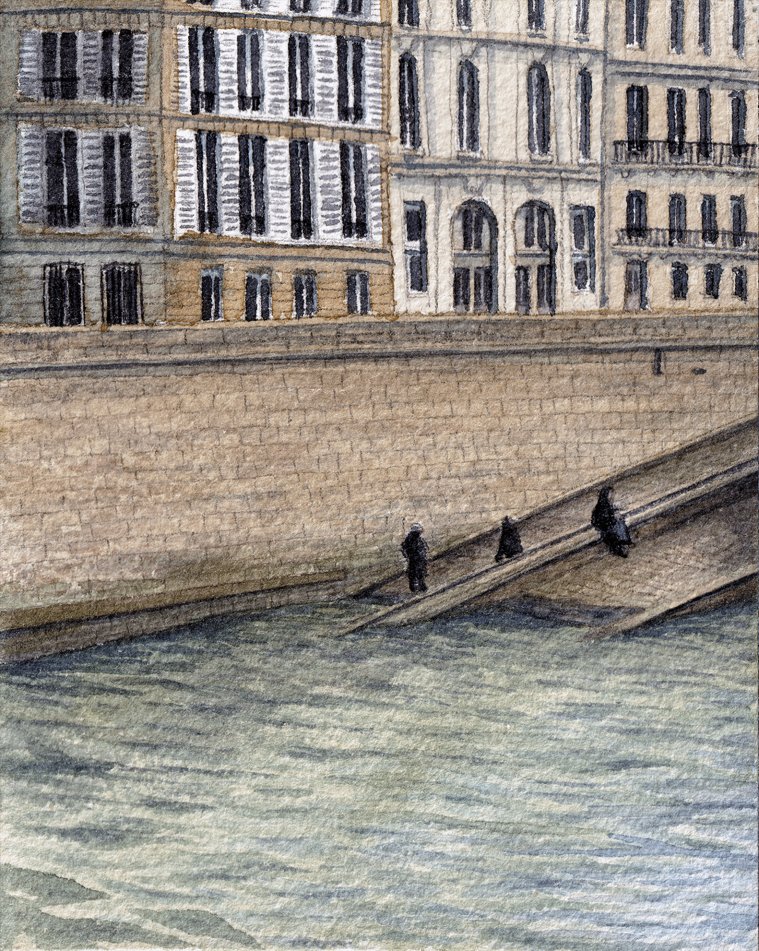 A watercolor painting of a parisian Quais
