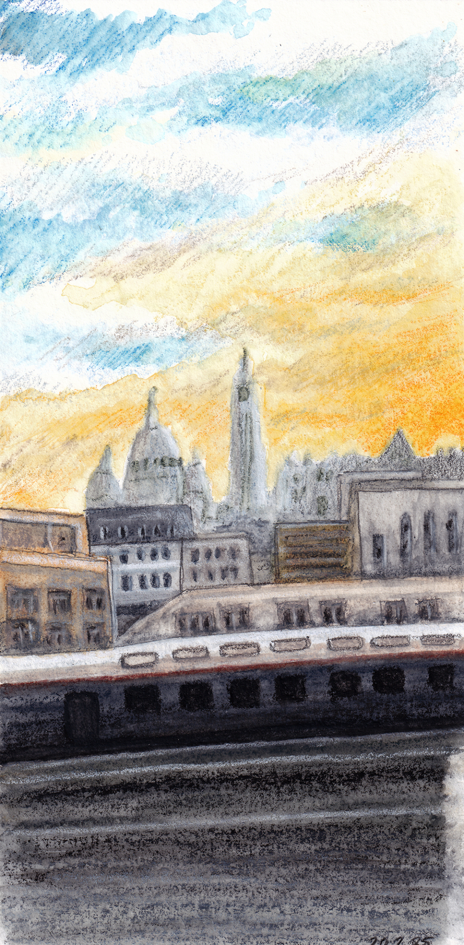 A water soluble wax pastel painting of Montmartre from the RER, Paris with Caran d'Ache Neocolor ii 2 pastels
