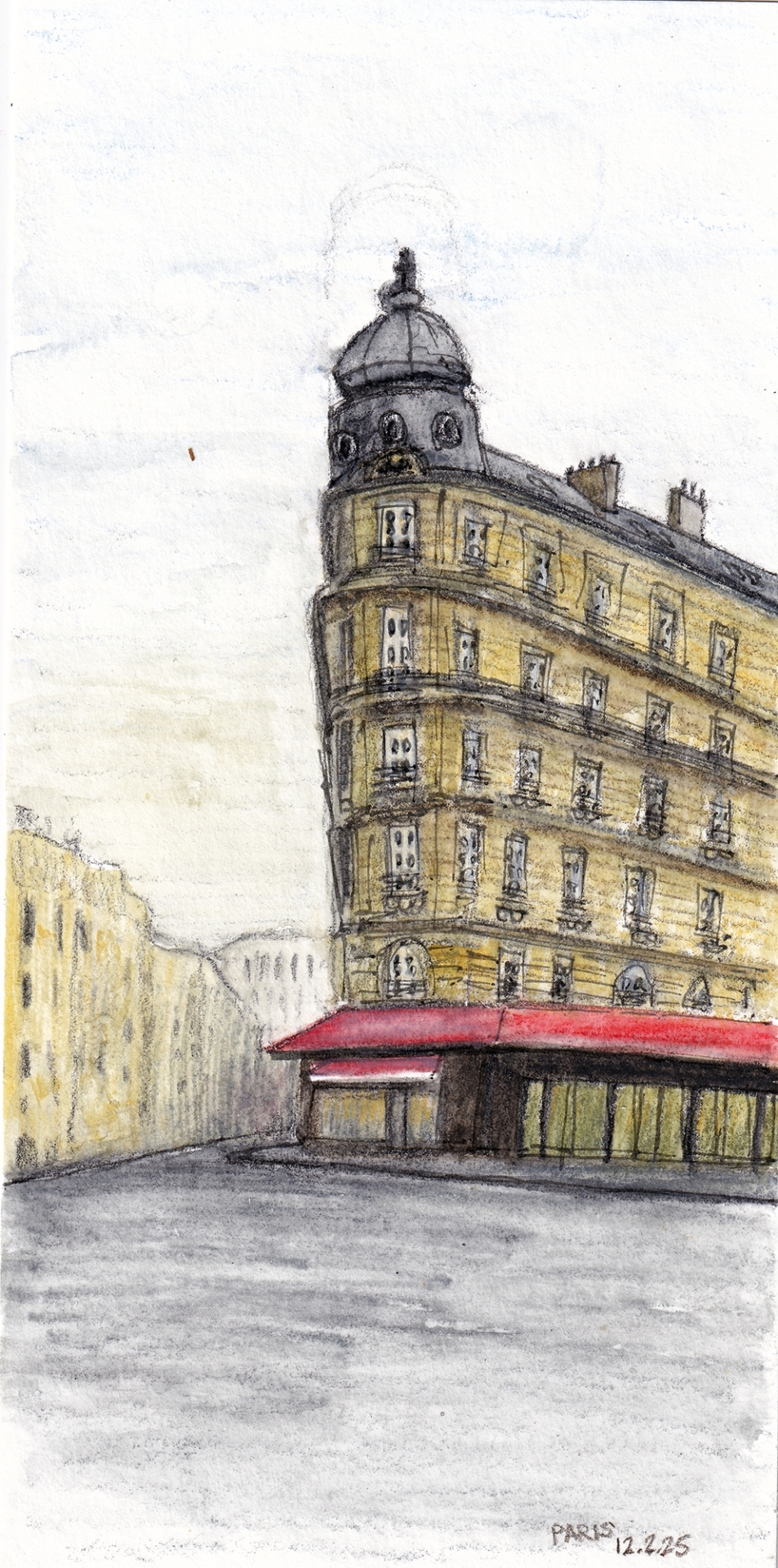 A water soluble wax pastel painting of a Restaurant in Paris with Caran d'Ache Neocolor ii 2 pastels
