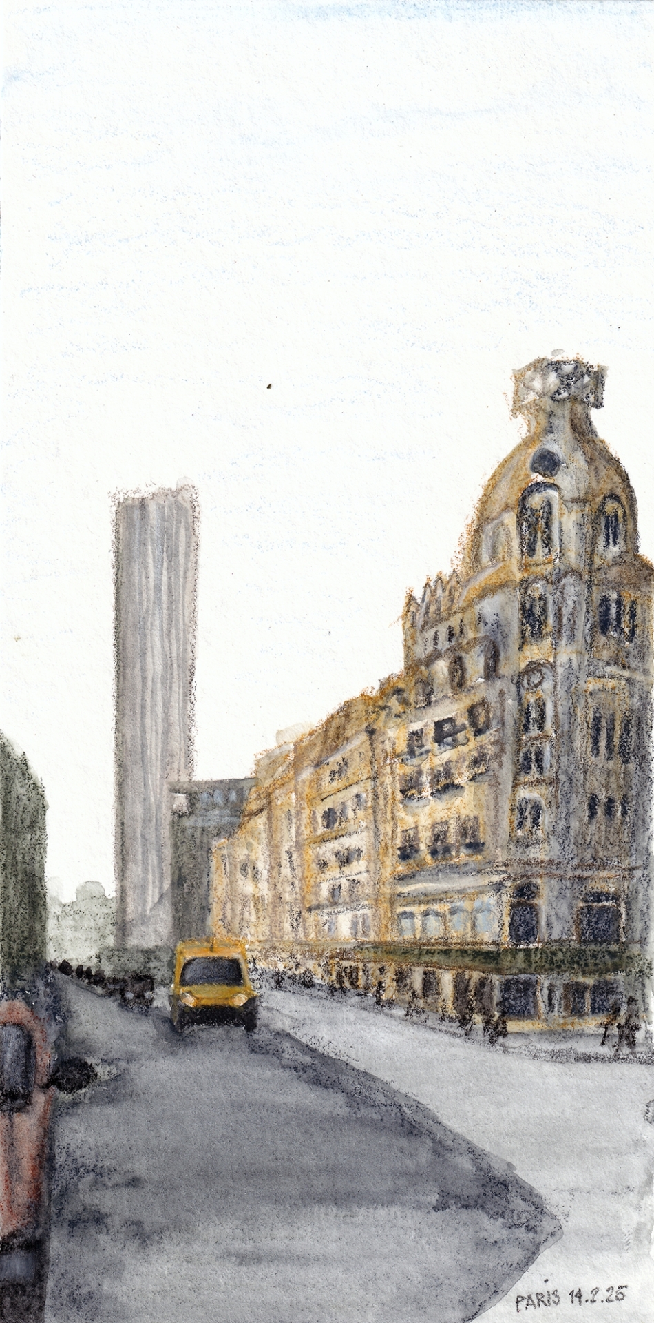 A water soluble wax pastel painting of rue de Reines, Paris with Caran d'Ache Neocolor ii 2 pastels