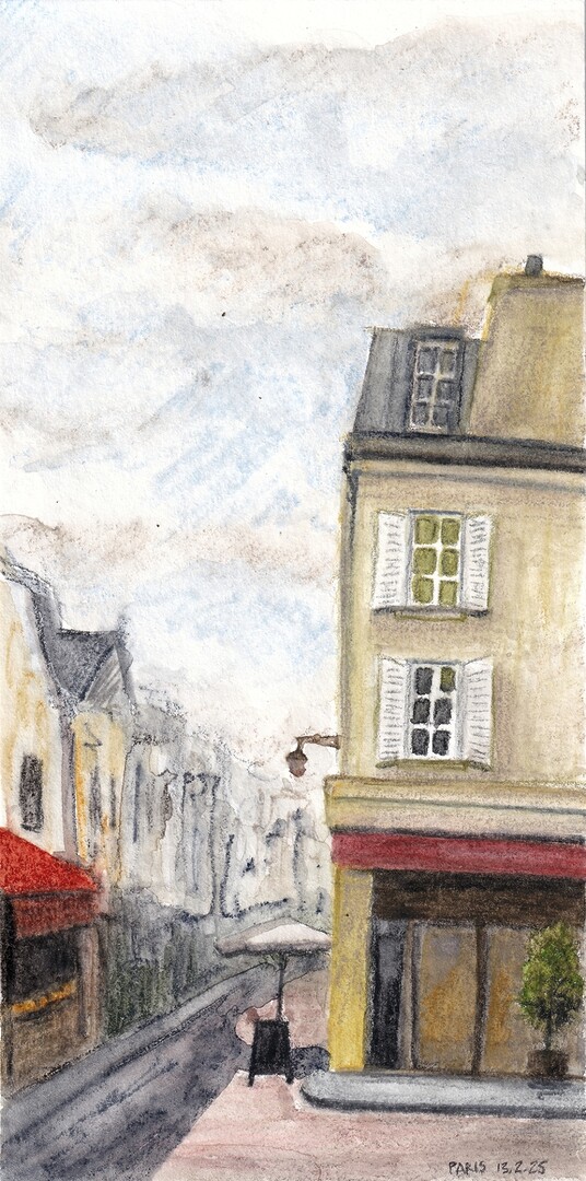 A water soluble wax pastel painting of rue Mouffetard, Paris with Caran d'Ache Neocolor ii 2 pastels
