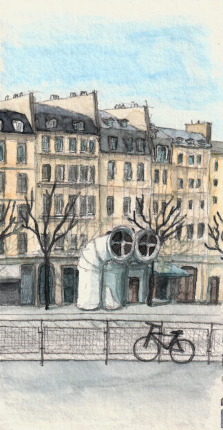 A water soluble wax pastel painting of rue Saint Martin, Paris with Caran d'Ache Neocolor ii 2 pastels