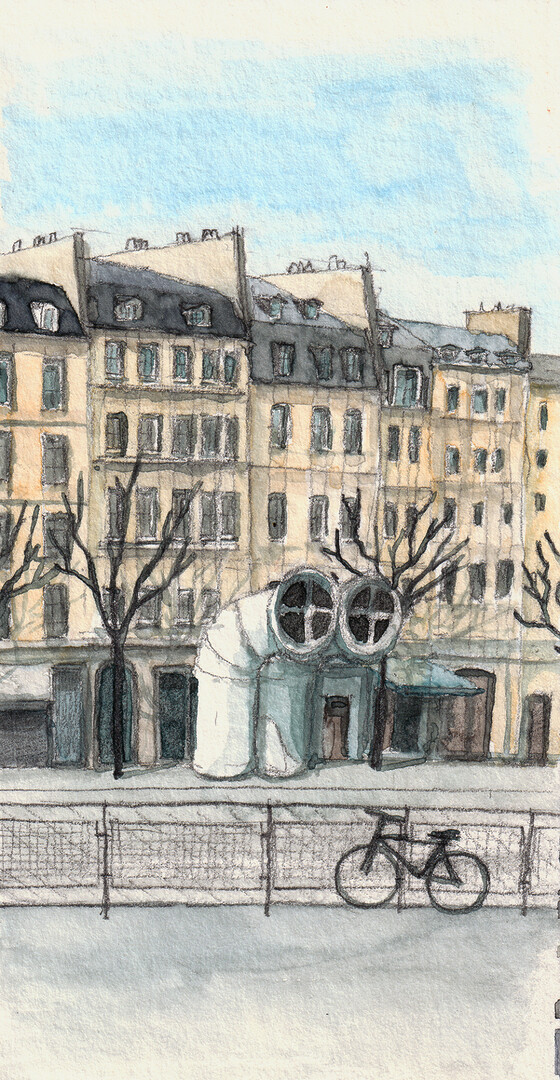 A water soluble wax pastel painting of rue Saint Martin, Paris with Caran d'Ache Neocolor ii 2 pastels