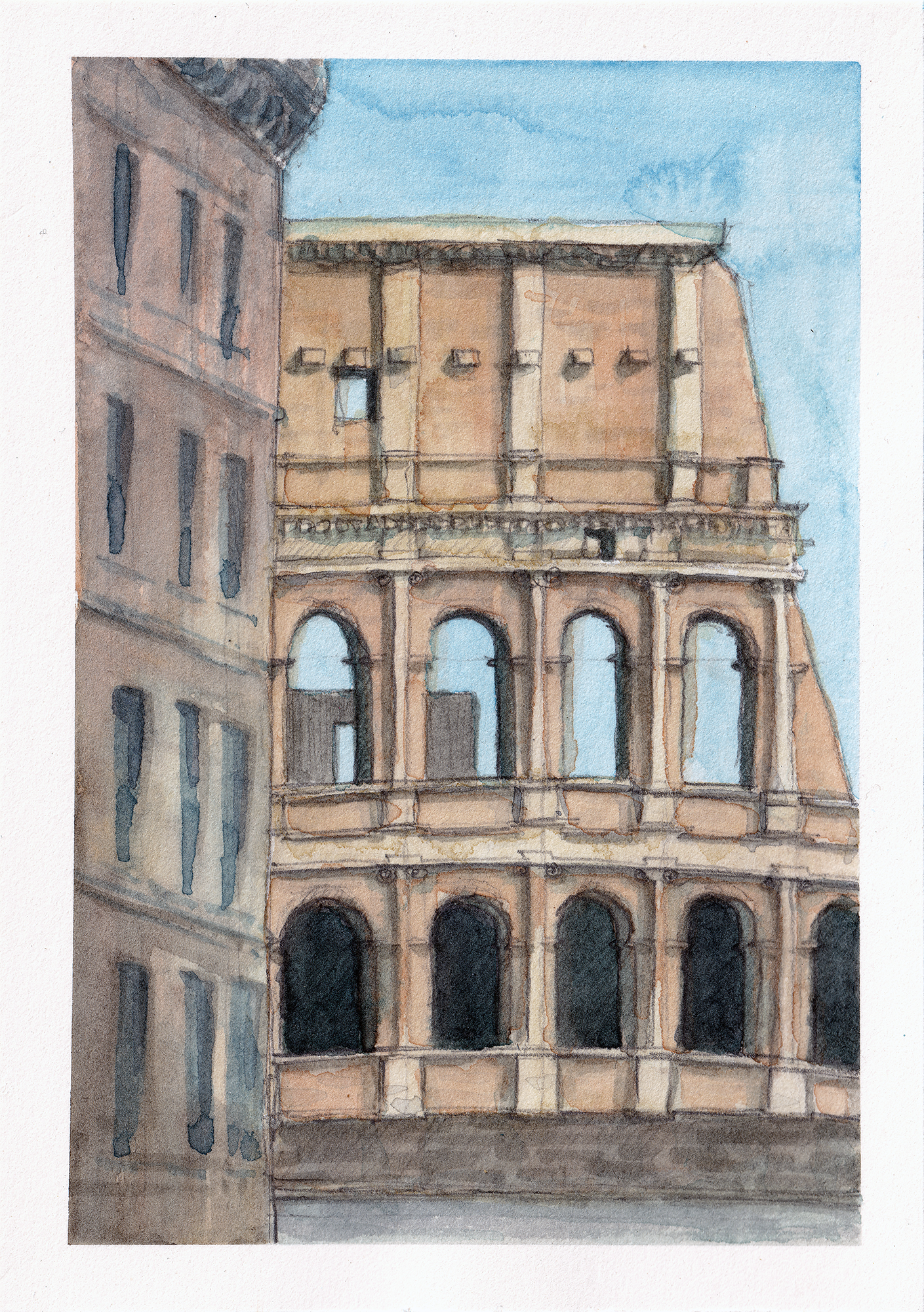 A watercolor painting of the Colosseum in Rome