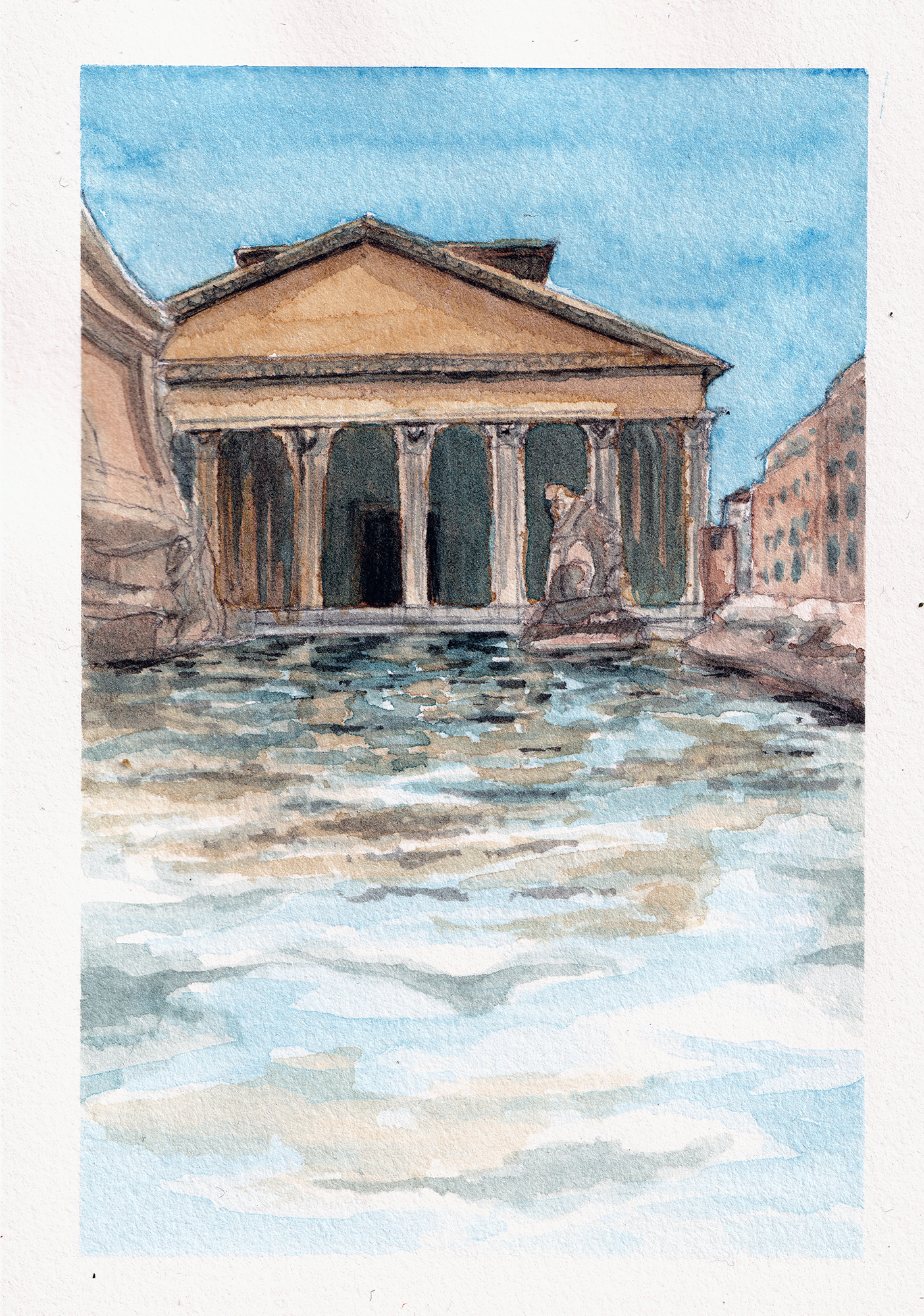 A watercolor painting of the Pantheon in Rome
