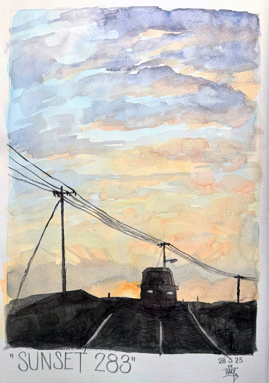 Loose watercolor painting of a Sunset in Nicosia on 28/3/2025