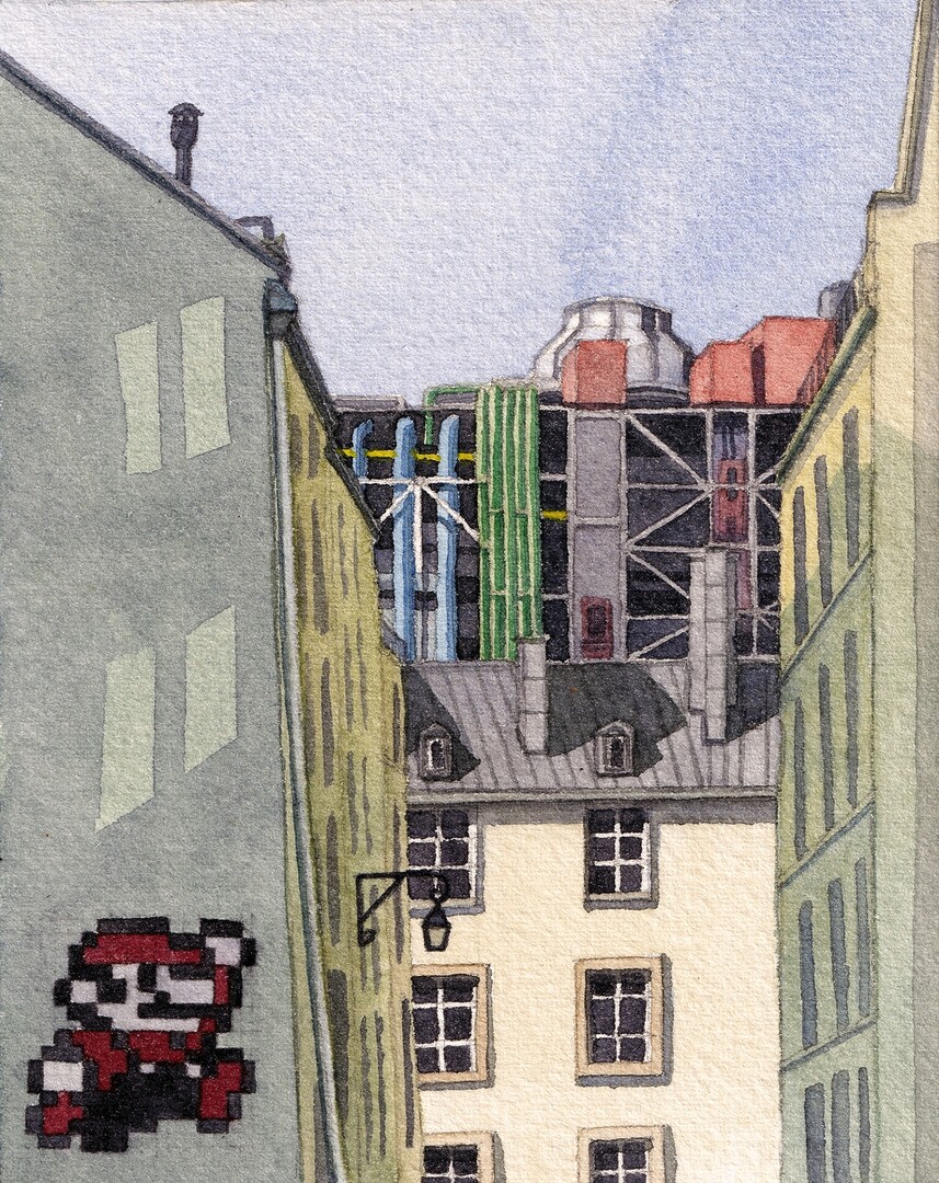 A watercolor painting of Pompidou in Paris, featuring Super Mario by Invader
