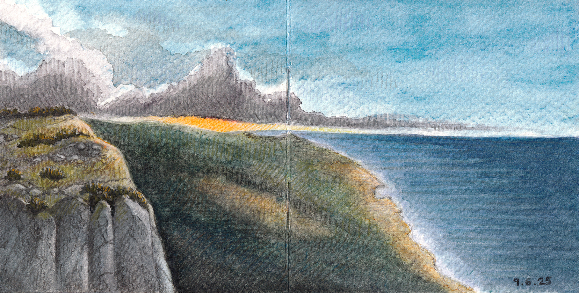 A water soluble pastel and watercolor pencils painting of the sunset over Akamas edge, Cyprus